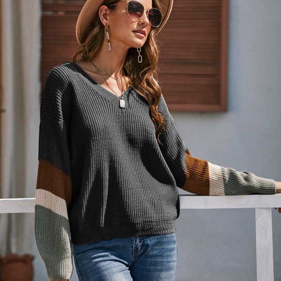 oversized  color block v neck knit sweater beige - Picture 6 of 9